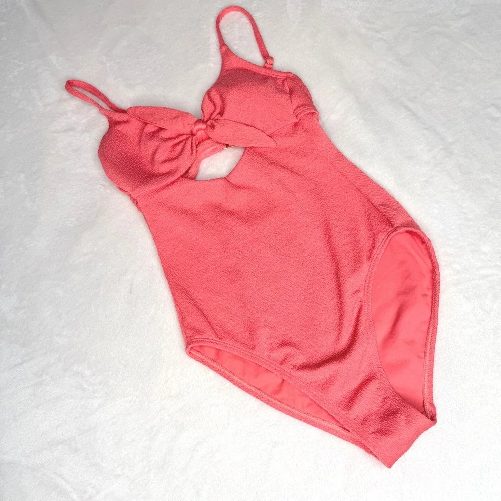 Shade‎ & Shore Coral One Piece Swimsuit Textured Knot Front XS Cutout